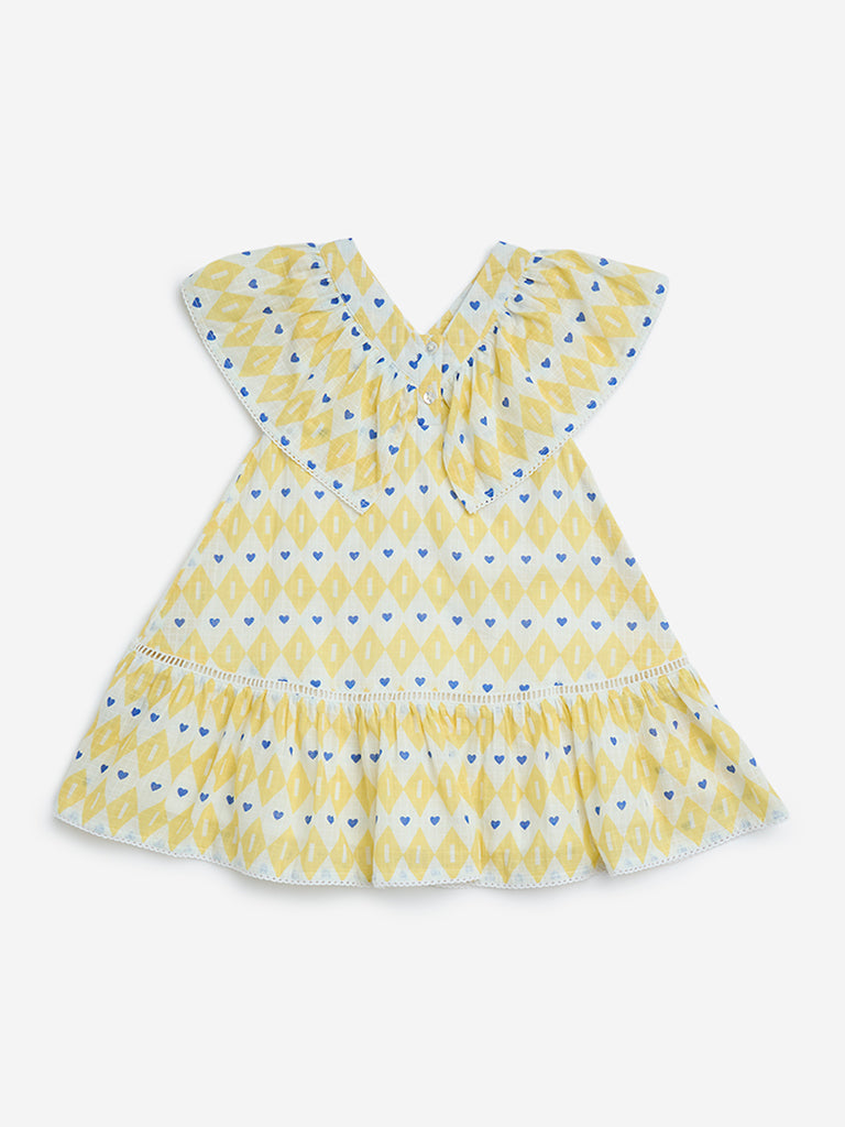 HOP Kids Yellow Printed Cotton A-Line Dress - Image 3