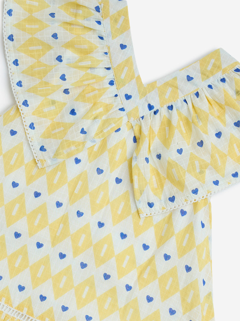 HOP Kids Yellow Printed Cotton A-Line Dress - Image 4