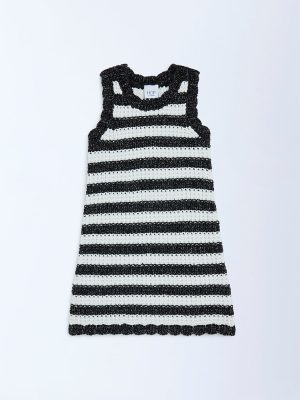 HOP Kids Black Striped Knit-Textured A-Line Dress