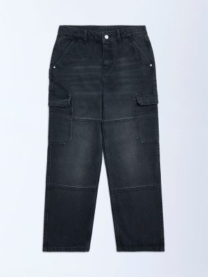 Y&F Kids Charcoal Faded Relaxed-Fit Mid-Rise Jeans