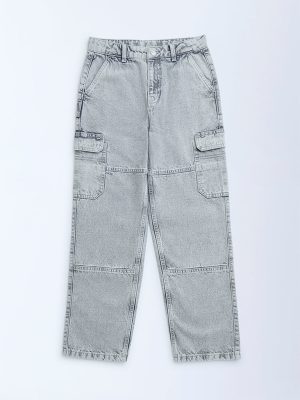 Y&F Kids Grey Faded Relaxed-Fit Mid-Rise Jeans
