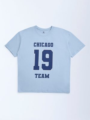 Y&F Kids Dusty Blue Printed Cotton T-Shirt