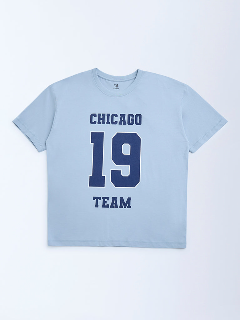 Y&F Kids Dusty Blue Printed Cotton T-Shirt