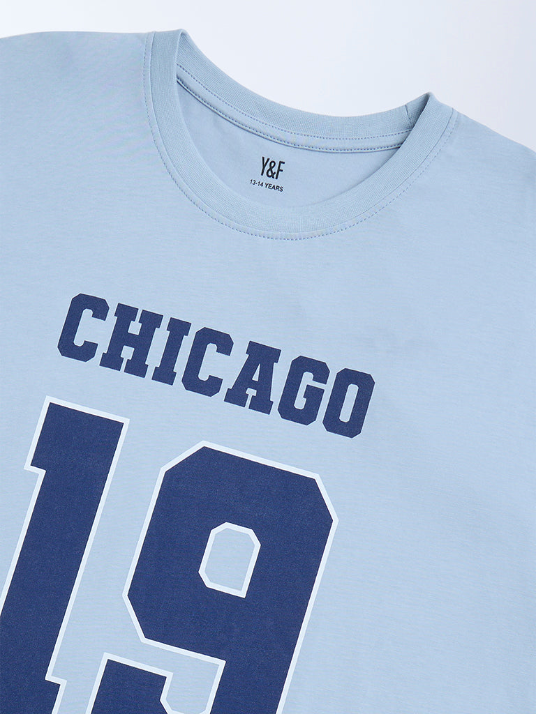 Y&F Kids Dusty Blue Printed Cotton T-Shirt - Image 4