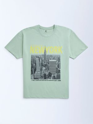 Y&F Kids Mint Cityscape-Inspired Cotton T-Shirt
