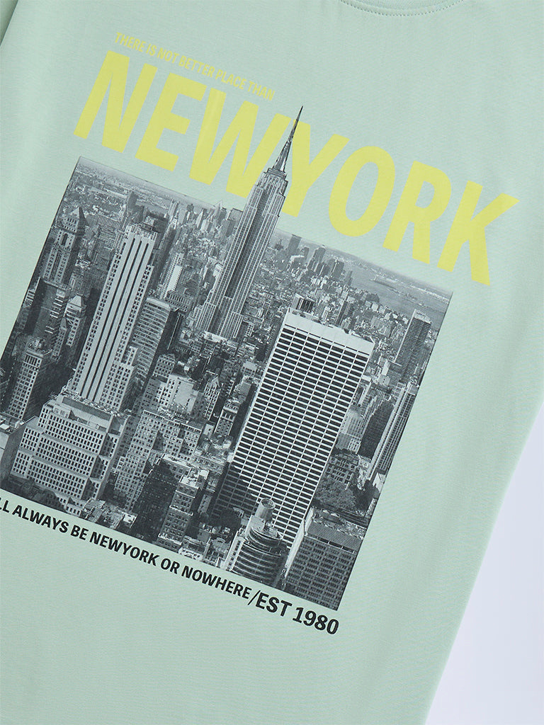 Y&F Kids Mint Cityscape-Inspired Cotton T-Shirt - Image 4