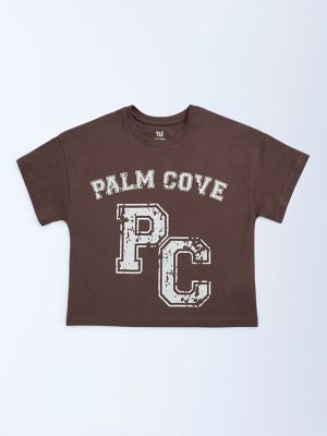 Y&F Kids Dark Brown Text Pattern Cotton T-Shirt