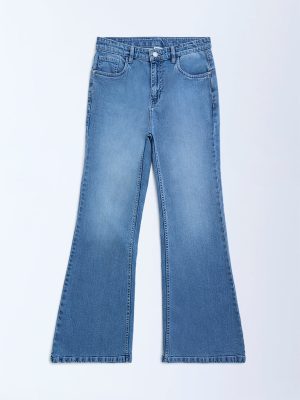 Y&F Kids Blue Faded Bootcut High-Rise Jeans