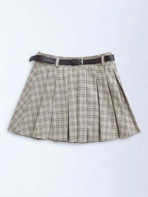 Y&F Kids Taupe Checkered High-Rise Skirt with Belt
