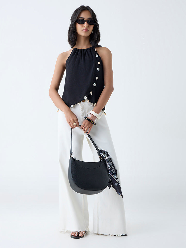 LOV Black Sea-Shell Design Linen-Blend Top - Image 2