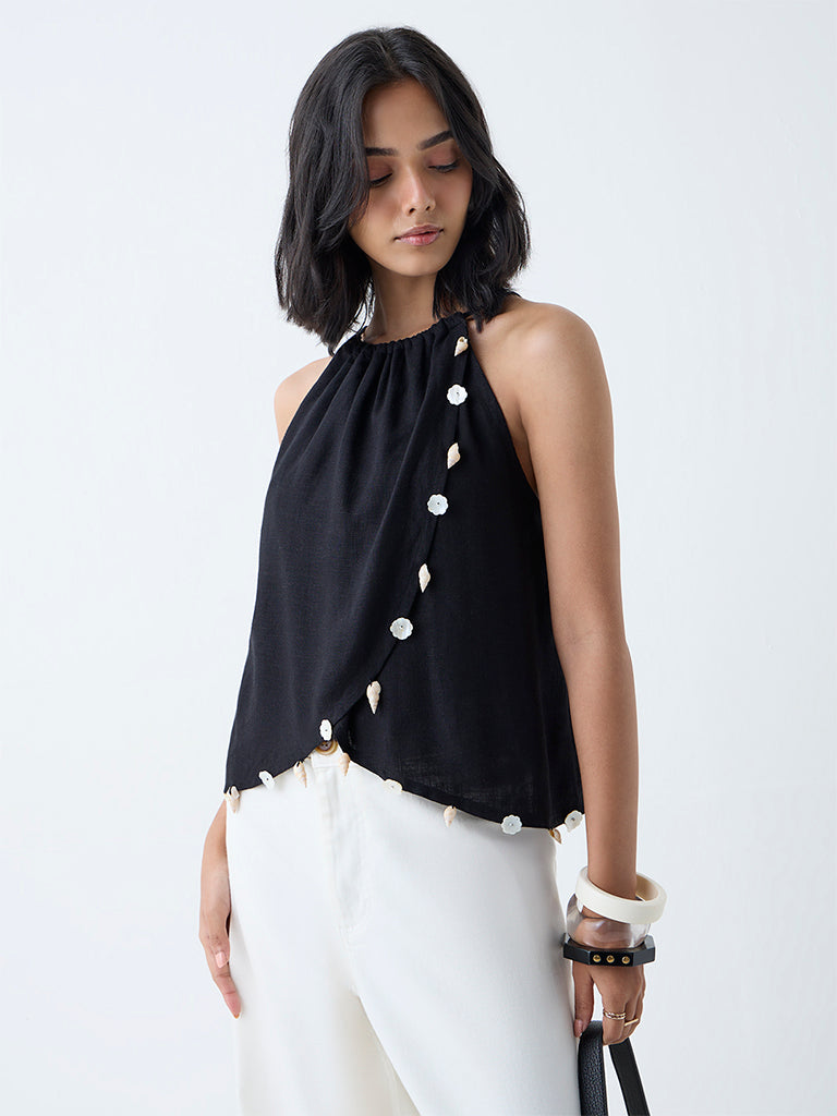 LOV Black Sea-Shell Design Linen-Blend Top