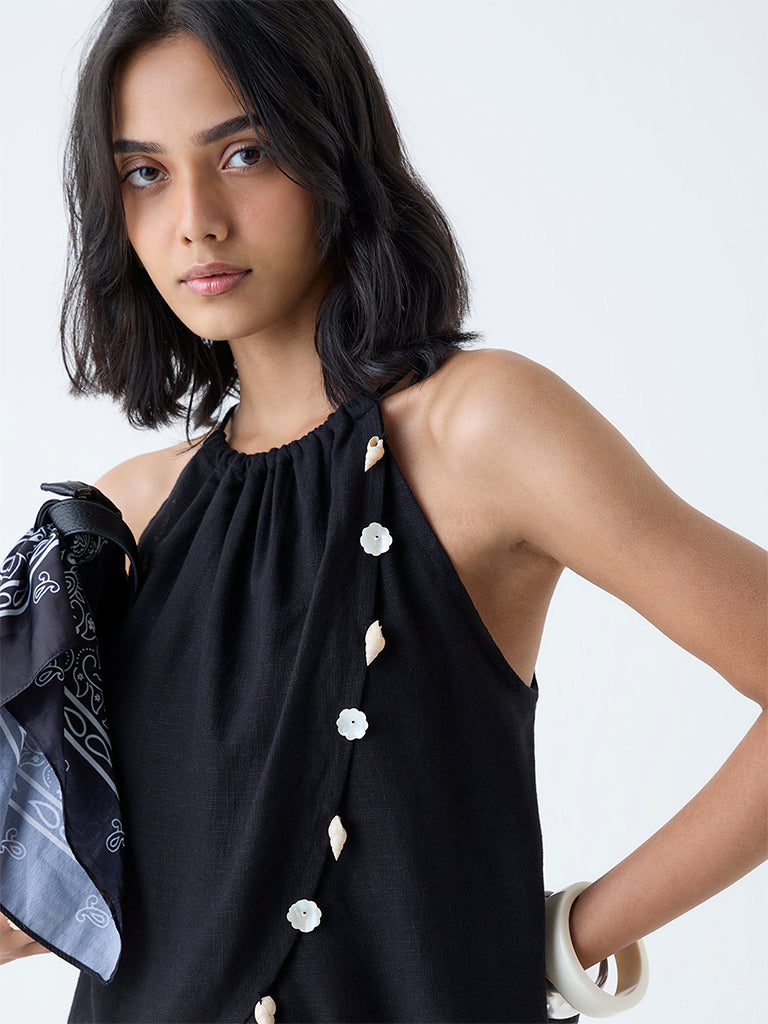 LOV Black Sea-Shell Design Linen-Blend Top - Image 3