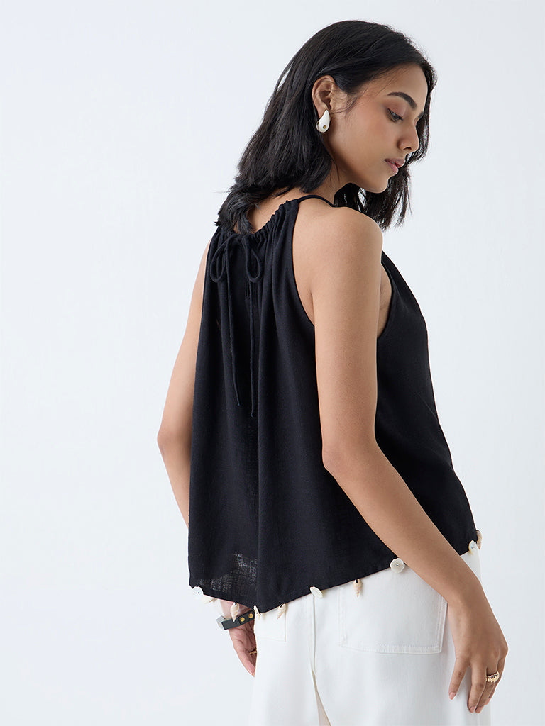 LOV Black Sea-Shell Design Linen-Blend Top - Image 4