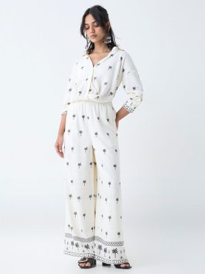 LOV Off-White Tropical-Inspired Linen-Blend Shirt