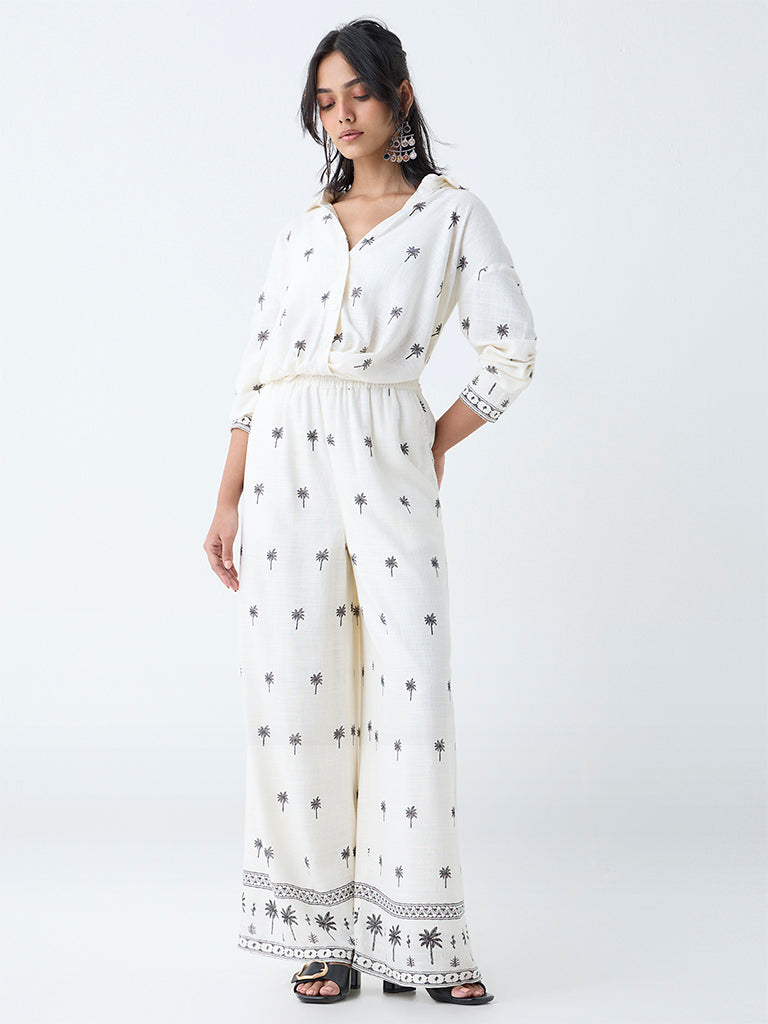 LOV Off-White Tropical-Inspired Linen-Blend Shirt