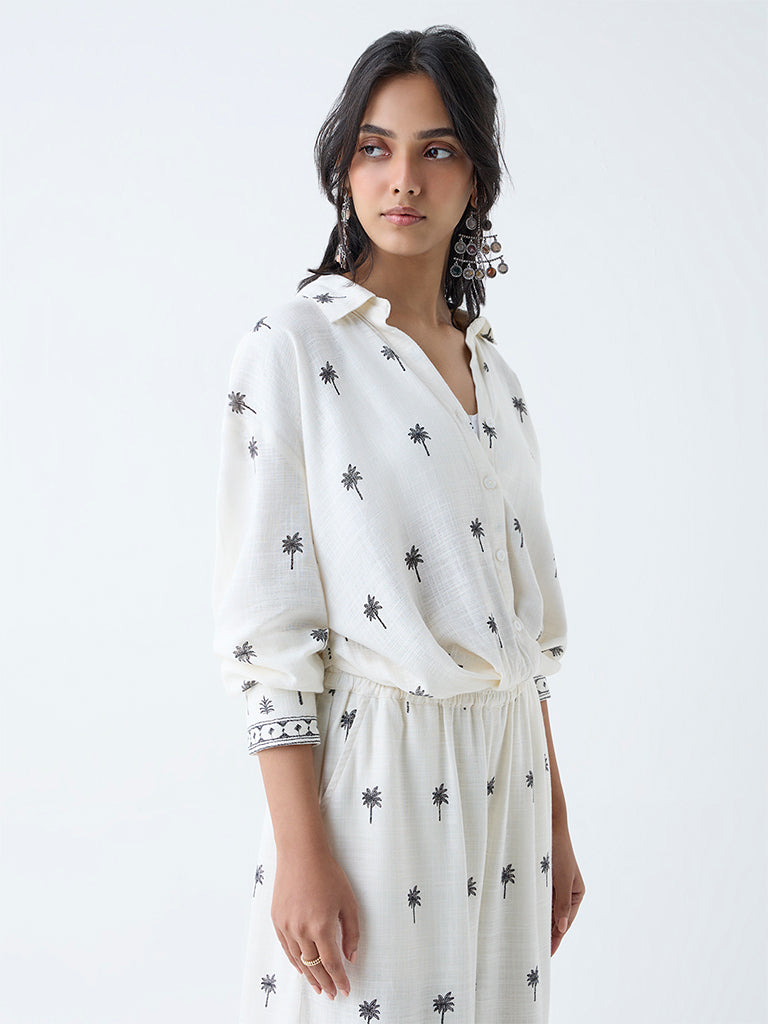 LOV Off-White Tropical-Inspired Linen-Blend Shirt - Image 2