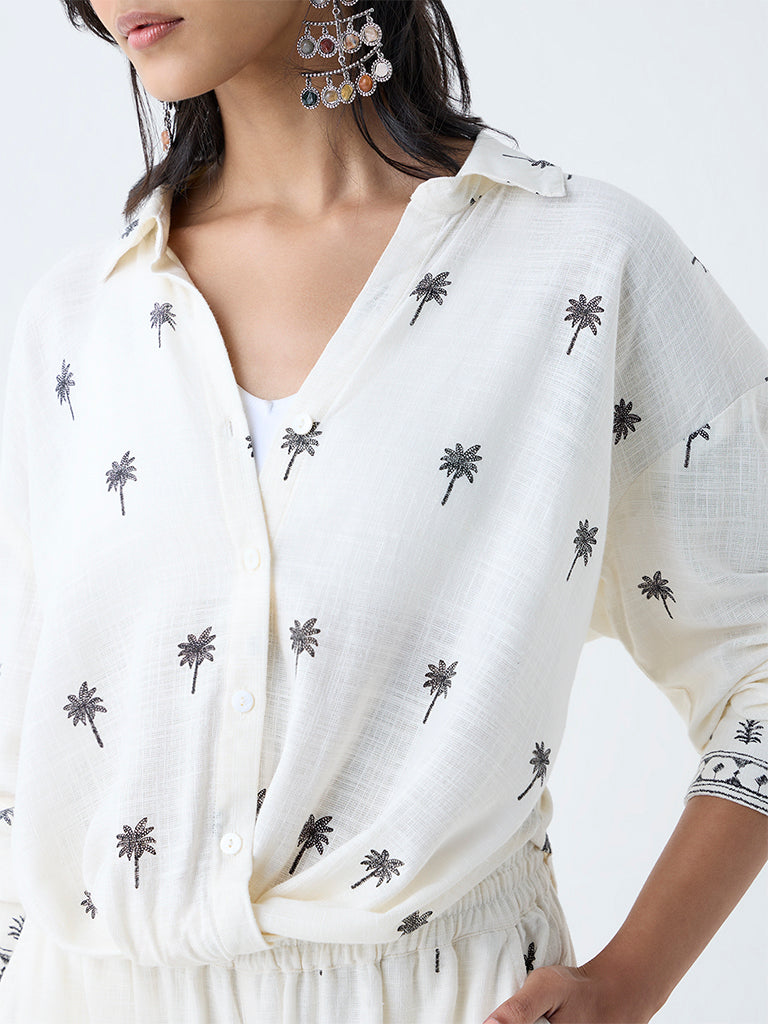 LOV Off-White Tropical-Inspired Linen-Blend Shirt - Image 3