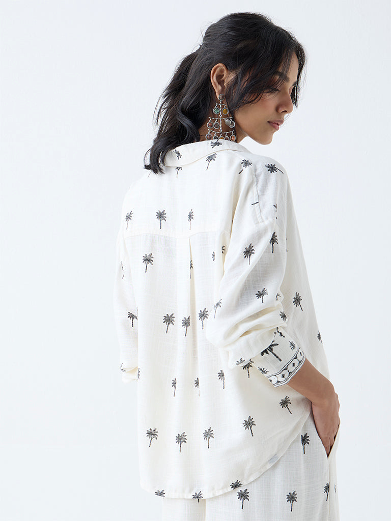 LOV Off-White Tropical-Inspired Linen-Blend Shirt - Image 4