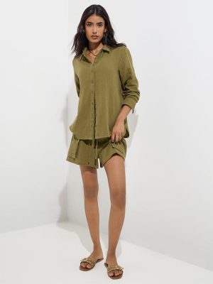 LOV Olive Crinkle-Textured Cotton Shirt