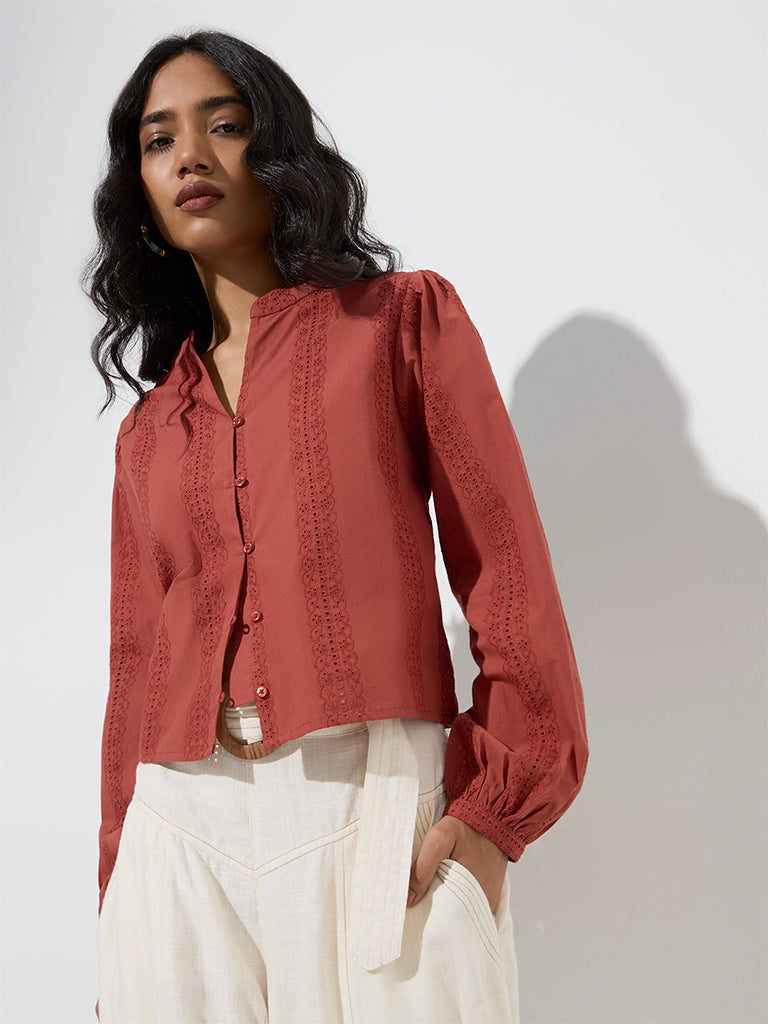 LOV Rust Embroidered Cotton Blouse - Image 2