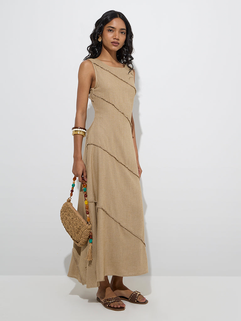 LOV Taupe Fringe-Detailed A-Line Dress