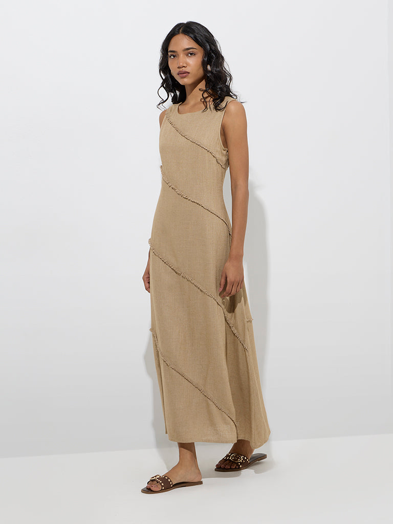 LOV Taupe Fringe-Detailed A-Line Dress - Image 2