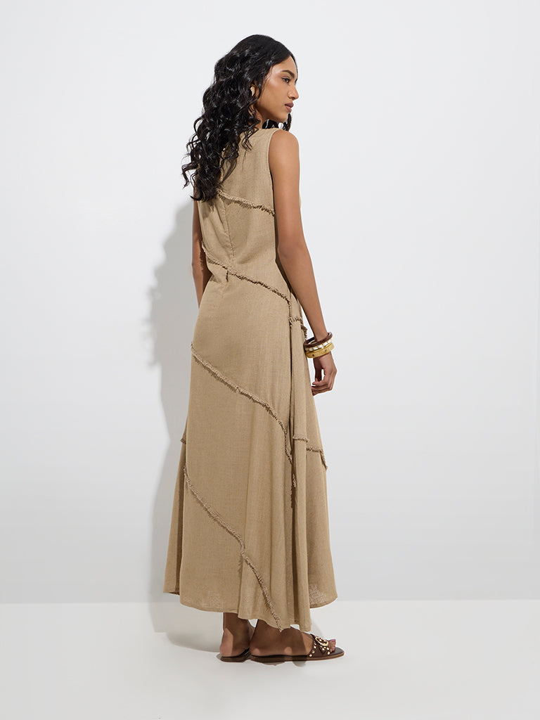 LOV Taupe Fringe-Detailed A-Line Dress - Image 4