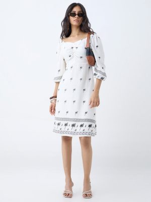 LOV Off-White Tropical-Inspired Linen-Blend Off-Shoulder Dress
