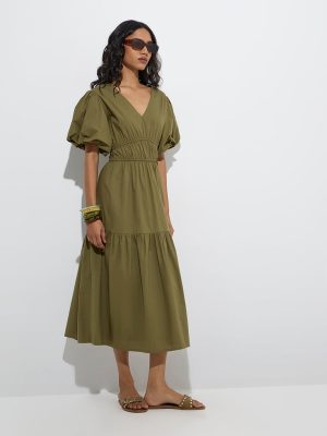 LOV Olive Solid Cotton Tiered Dress