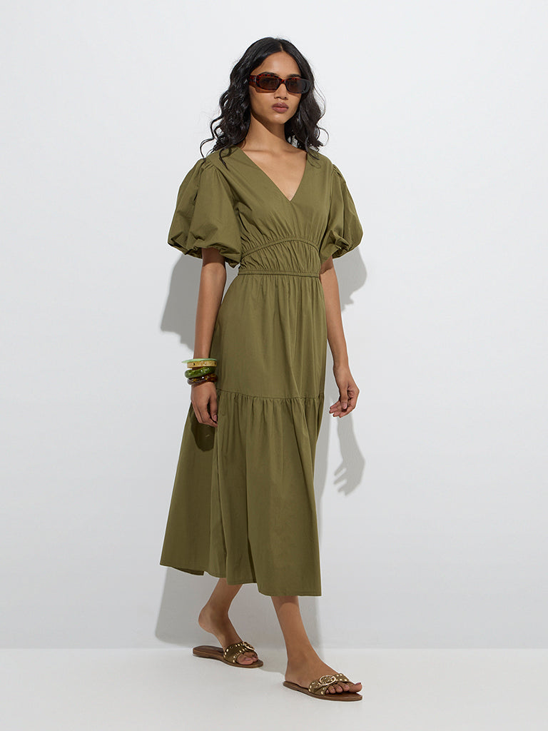 LOV Olive Solid Cotton Tiered Dress - Image 2