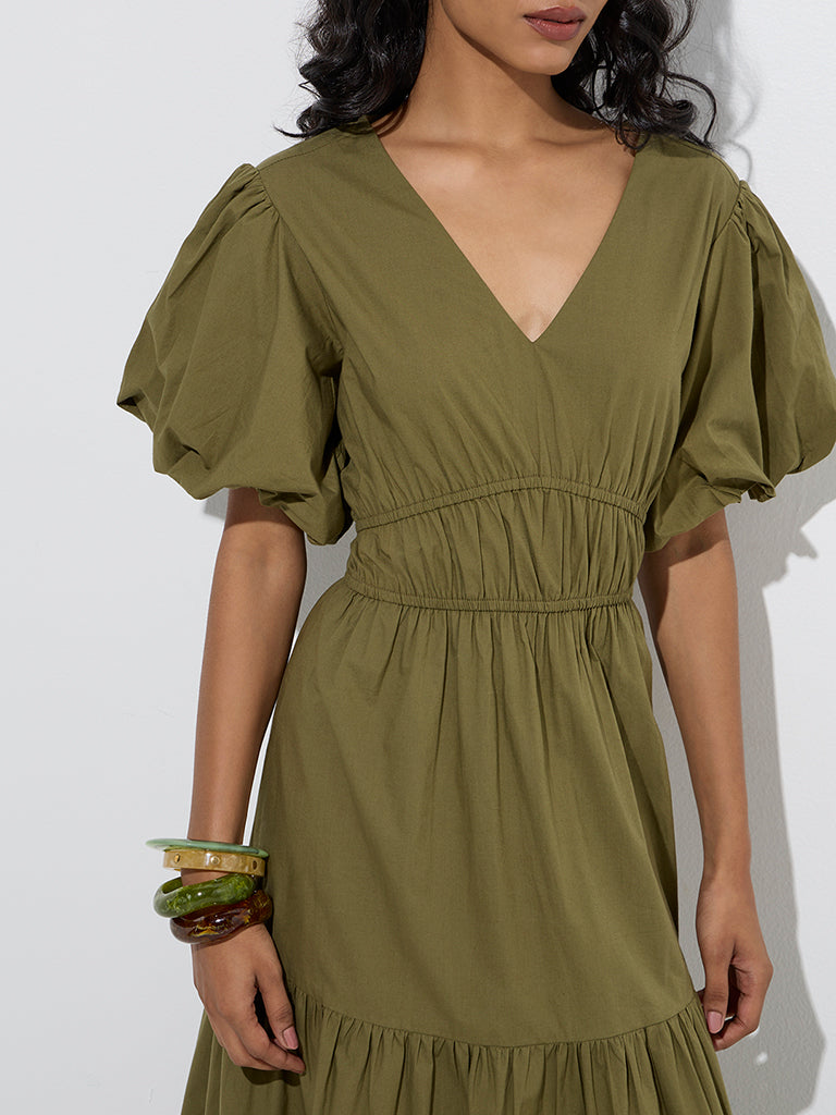 LOV Olive Solid Cotton Tiered Dress - Image 3