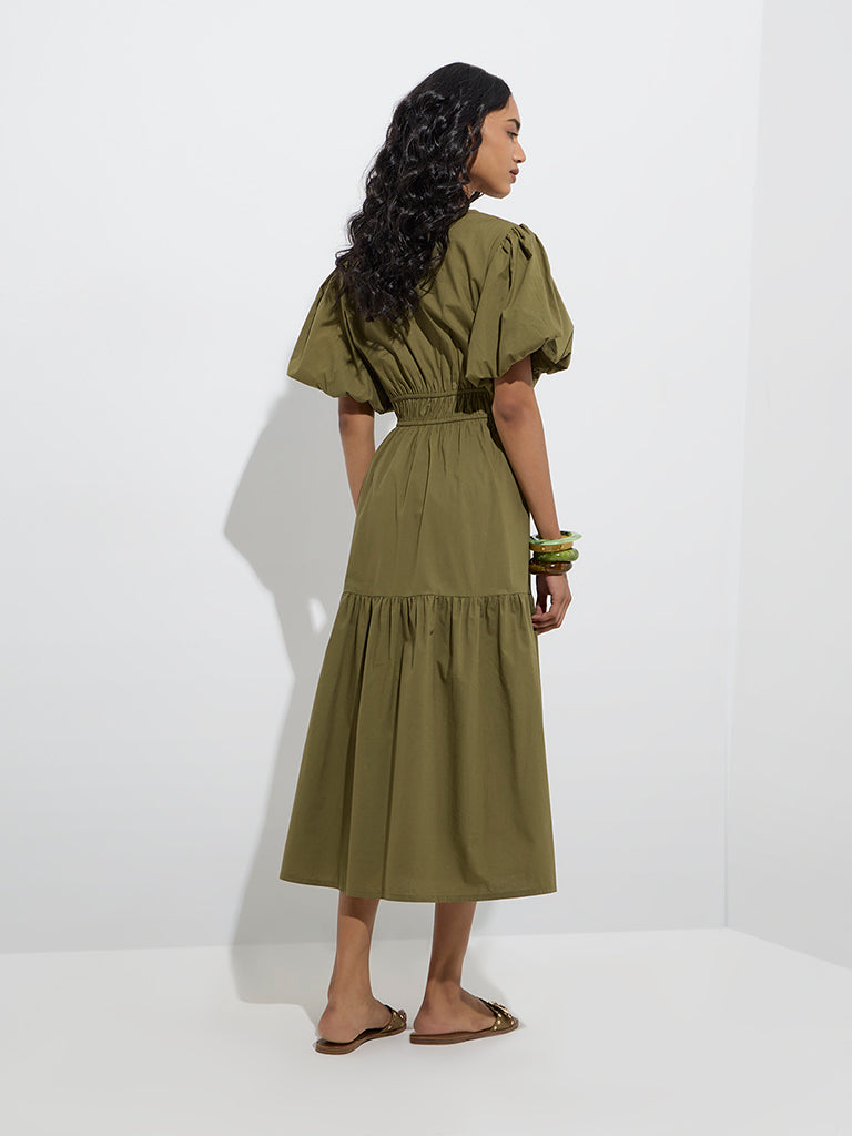 LOV Olive Solid Cotton Tiered Dress - Image 4