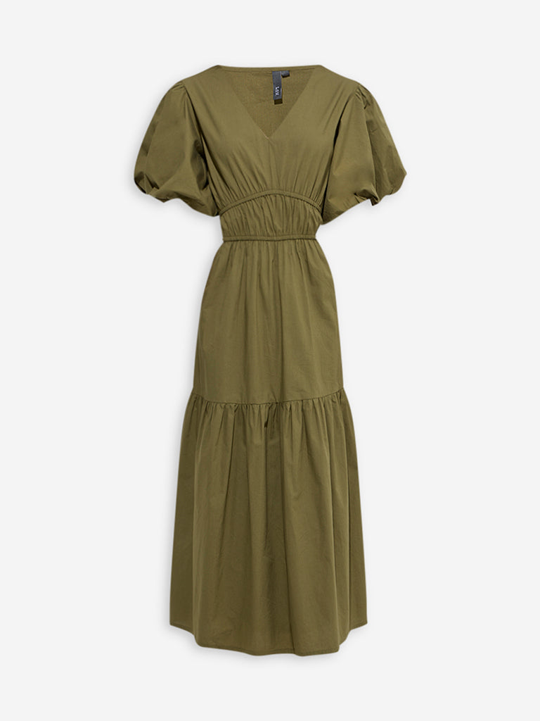 LOV Olive Solid Cotton Tiered Dress - Image 5