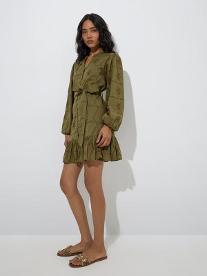 LOV Olive Schiffli Detailed Cotton Tiered Dress with Belt