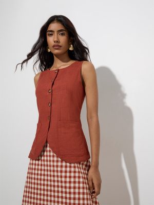 LOV Rust Solid Waistcoat-Style Linen Top