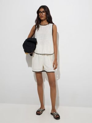 LOV Off-White Solid Linen Shorts