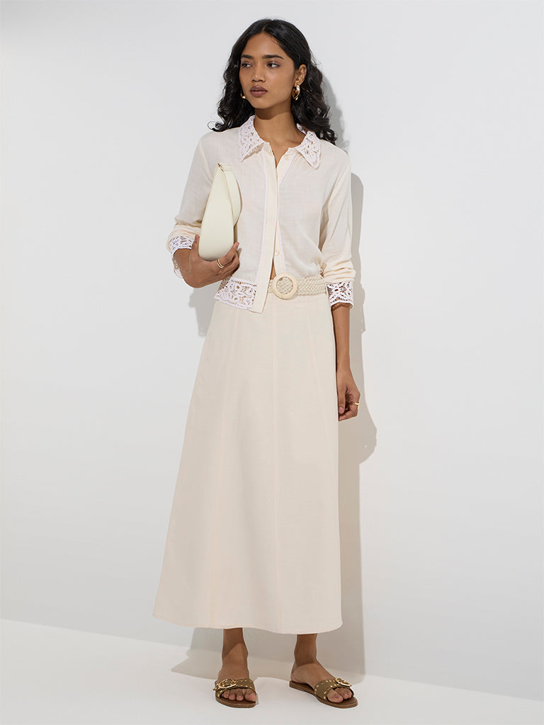 LOV Off-White High-Rise Cotton-Blend Skirt with Belt