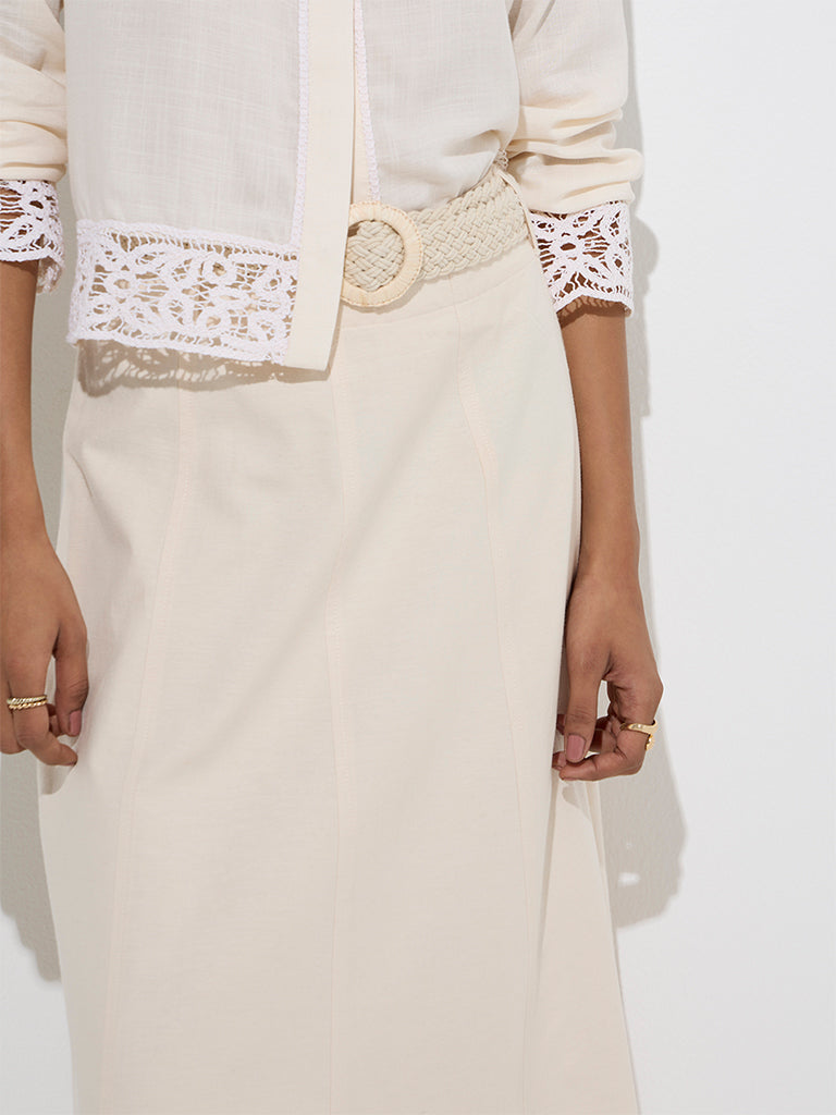 LOV Off-White High-Rise Cotton-Blend Skirt with Belt - Image 3