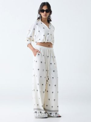 LOV Off-White Tropical High-Rise Linen-Blend Pants