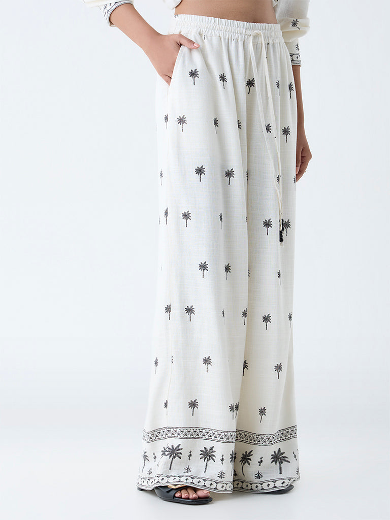 LOV Off-White Tropical High-Rise Linen-Blend Pants - Image 2