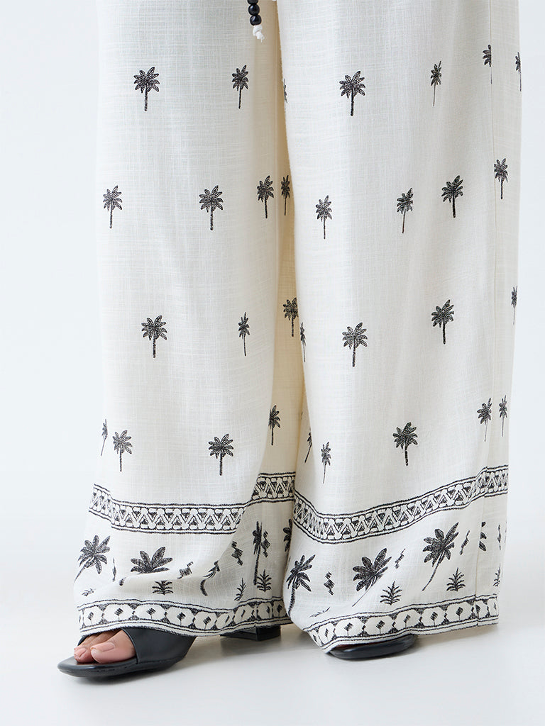 LOV Off-White Tropical High-Rise Linen-Blend Pants - Image 3
