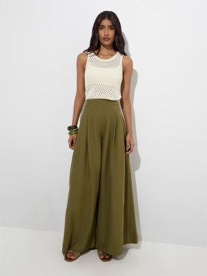 LOV Olive Wide-Leg High-Rise Cotton-Blend Pants