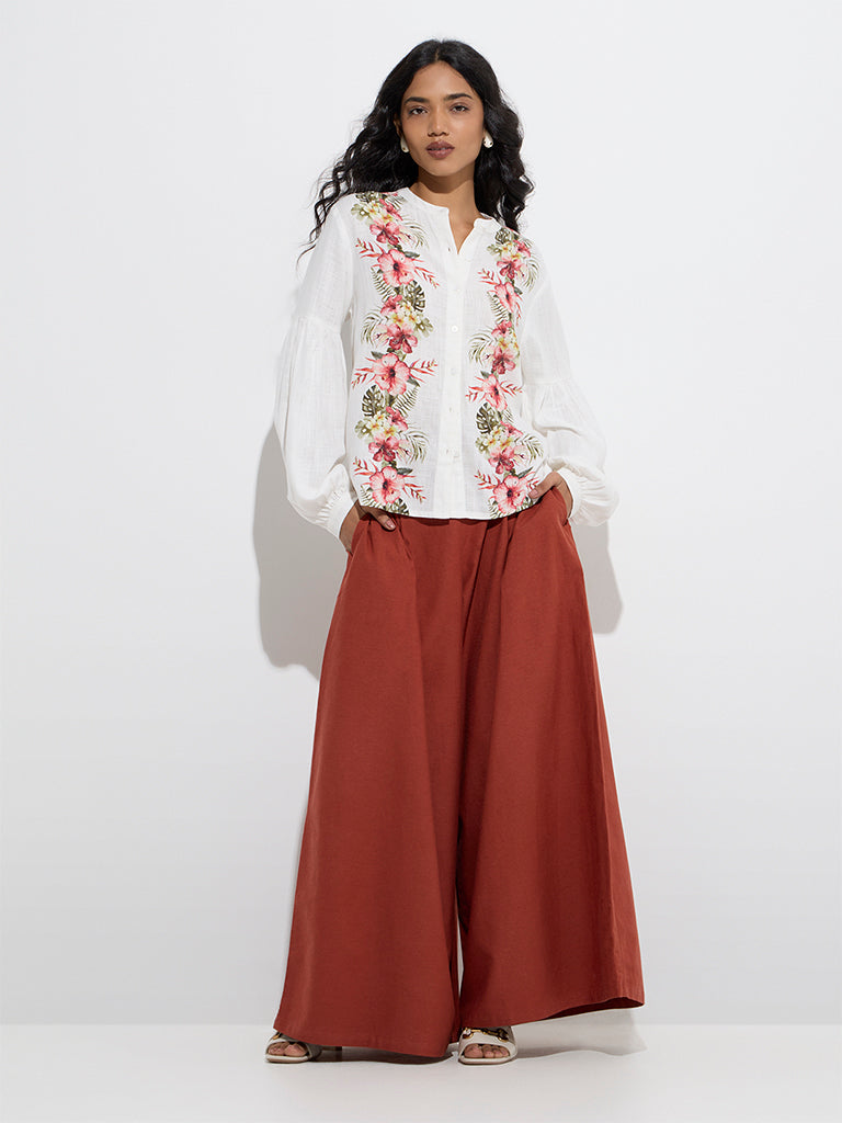 LOV Rust Wide-Leg High-Rise Cotton-Blend Pants