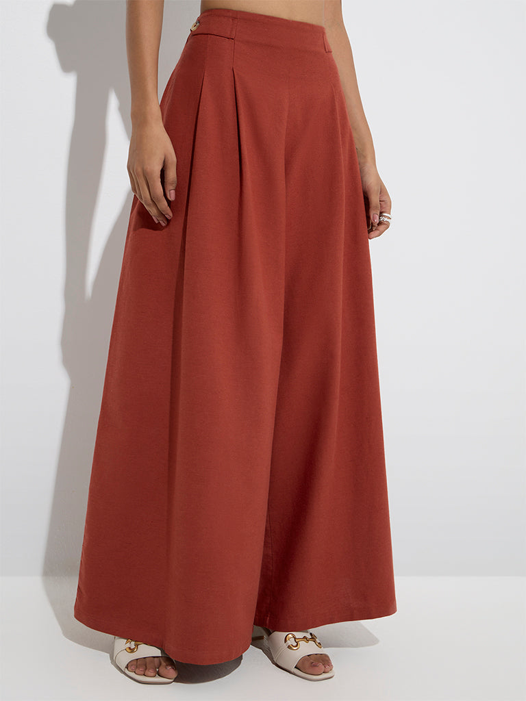 LOV Rust Wide-Leg High-Rise Cotton-Blend Pants - Image 2
