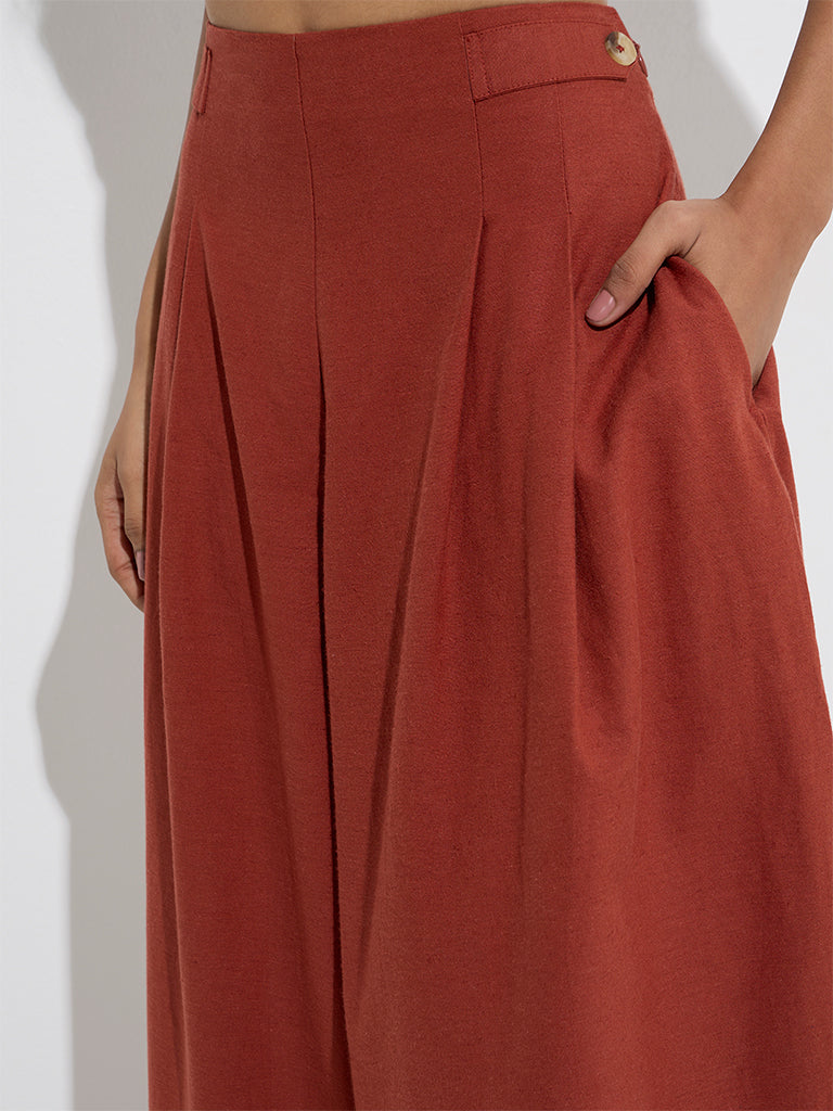 LOV Rust Wide-Leg High-Rise Cotton-Blend Pants - Image 3