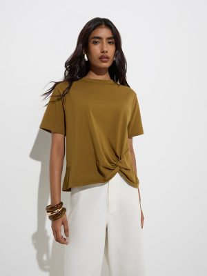 LOV Olive Knot-Detailed Cotton-Blend T-Shirt