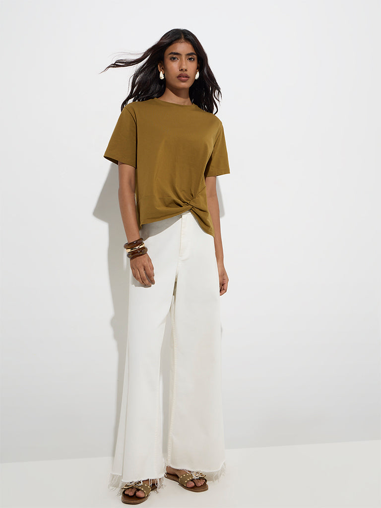 LOV Olive Knot-Detailed Cotton-Blend T-Shirt - Image 3