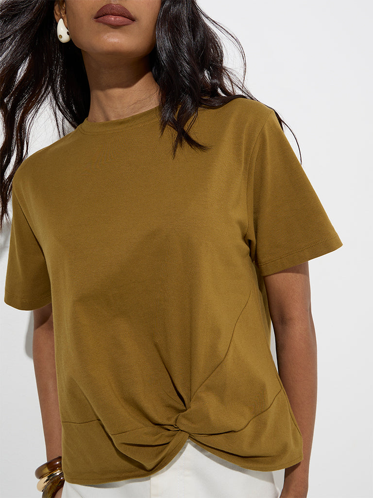 LOV Olive Knot-Detailed Cotton-Blend T-Shirt - Image 4