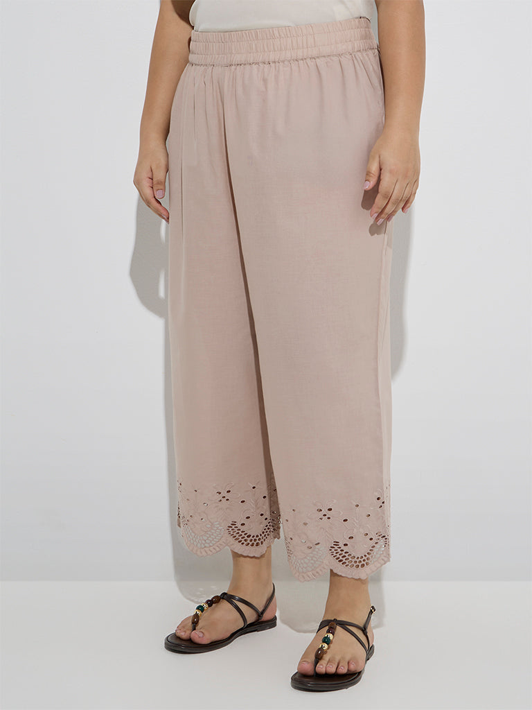 Diza Beige Schiffli Detailed Cotton Ethnic Pants - Image 2