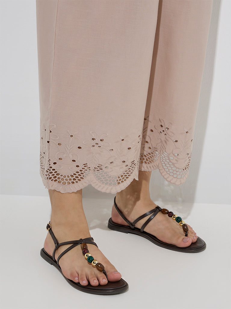 Diza Beige Schiffli Detailed Cotton Ethnic Pants - Image 3